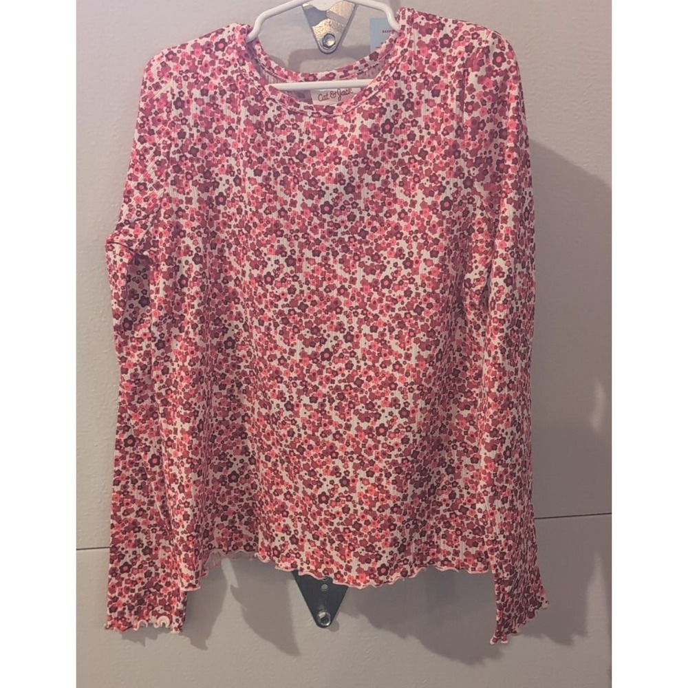 Cat & Jack Girls' Long Sleeve Red Floral T-Shirt Size: L 10-12
